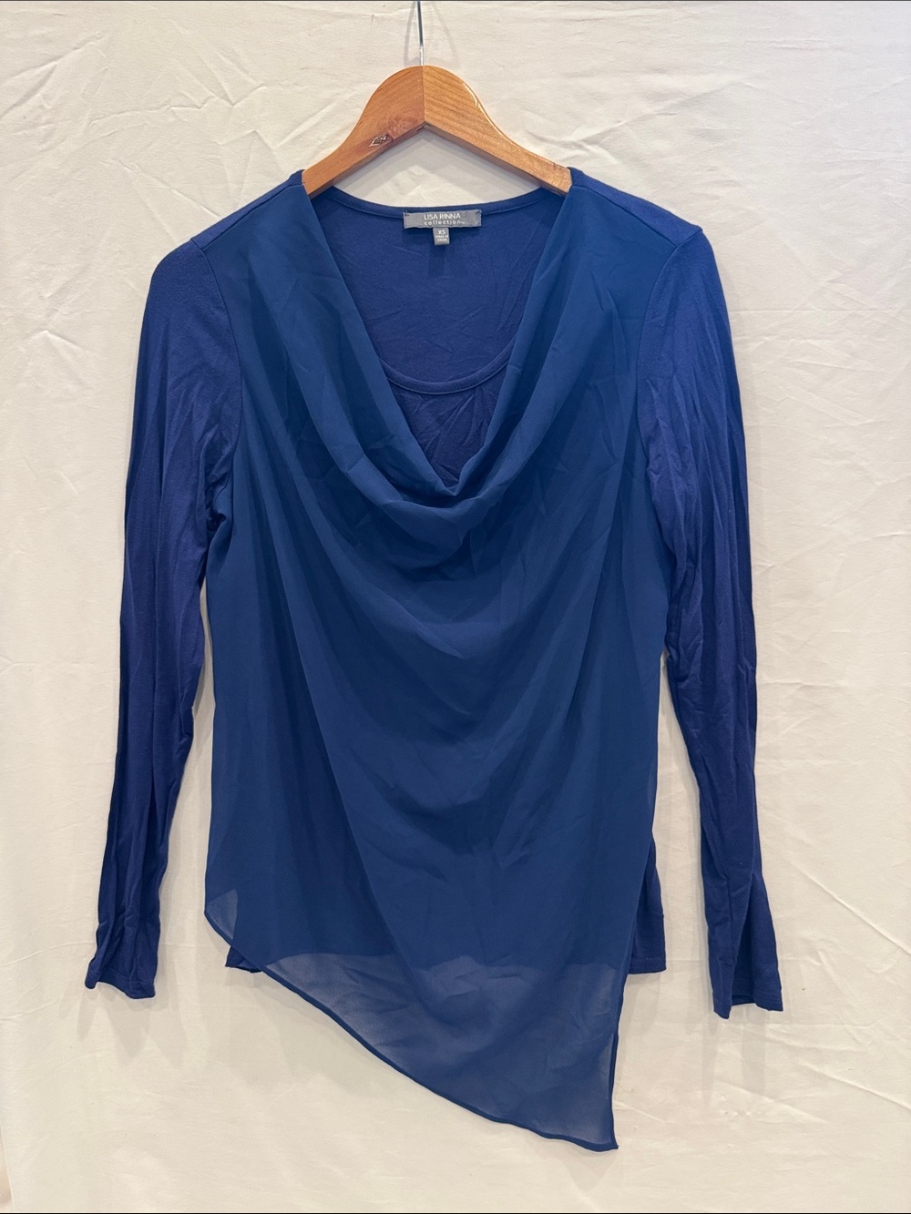 Lisa Rinna Navy Blue Draped Asymmetric Long-Sleeve Top, Size XS/S
